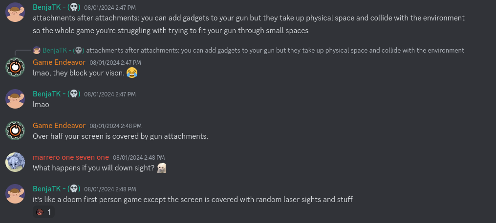 Me discussing an FPS where your whole screen is covered with sights because of the "attachments after attachments" theme.